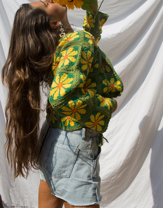 Retro Flower Power in Green Crochet Cardigan