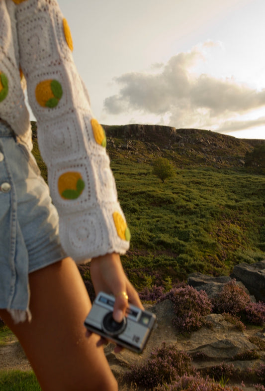 Lemon & White Citrus Granny Square Crochet Cardigan