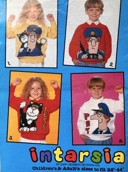 Digital Vintage Postman Pat and Jess  Intarsia Sweater Jumper 4 KNITTING PATTERN Booklet Double Knit 24- 44