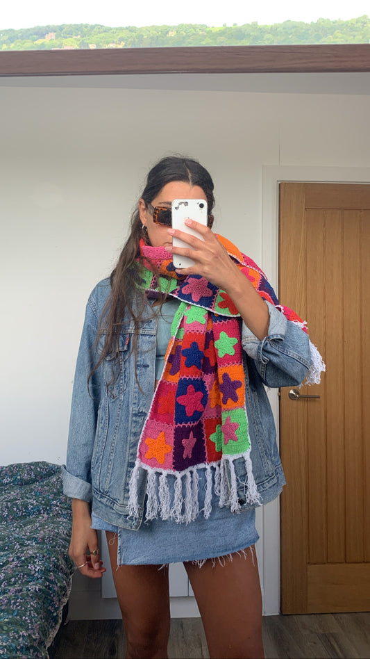 Reversible Stardust & Checkerboard multicoloured scarf with tassels