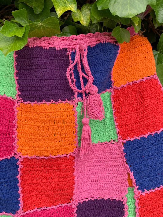 Multicoloured Checkerboard Crochet Skirt with Split