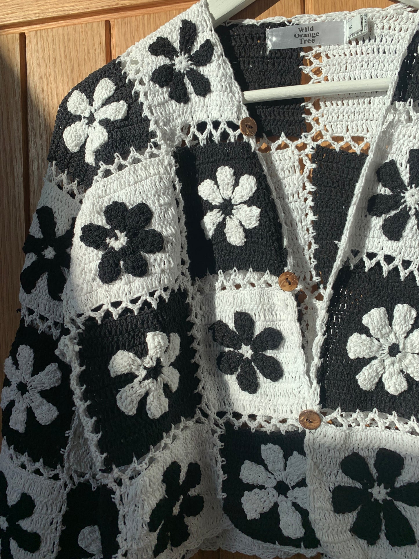 Reversible Floral Checkerboard Black & White crochet Cardigan