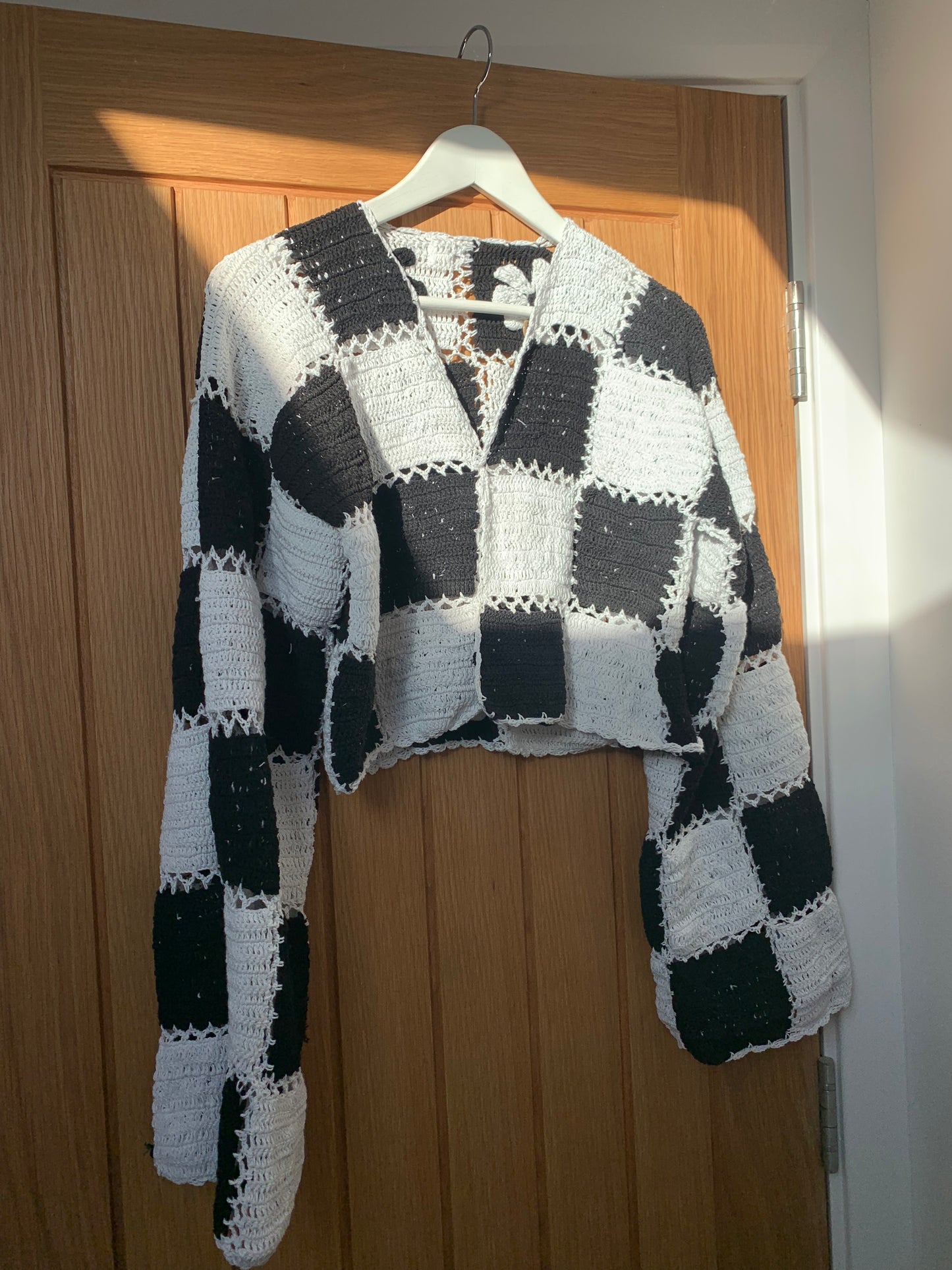 Reversible Floral Checkerboard Black & White crochet Cardigan