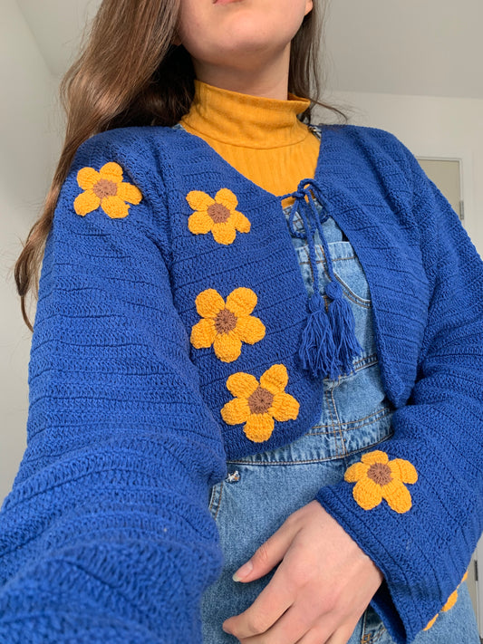 DAPHNE Blue & Yellow Flower Cardigan with Tassel Tie