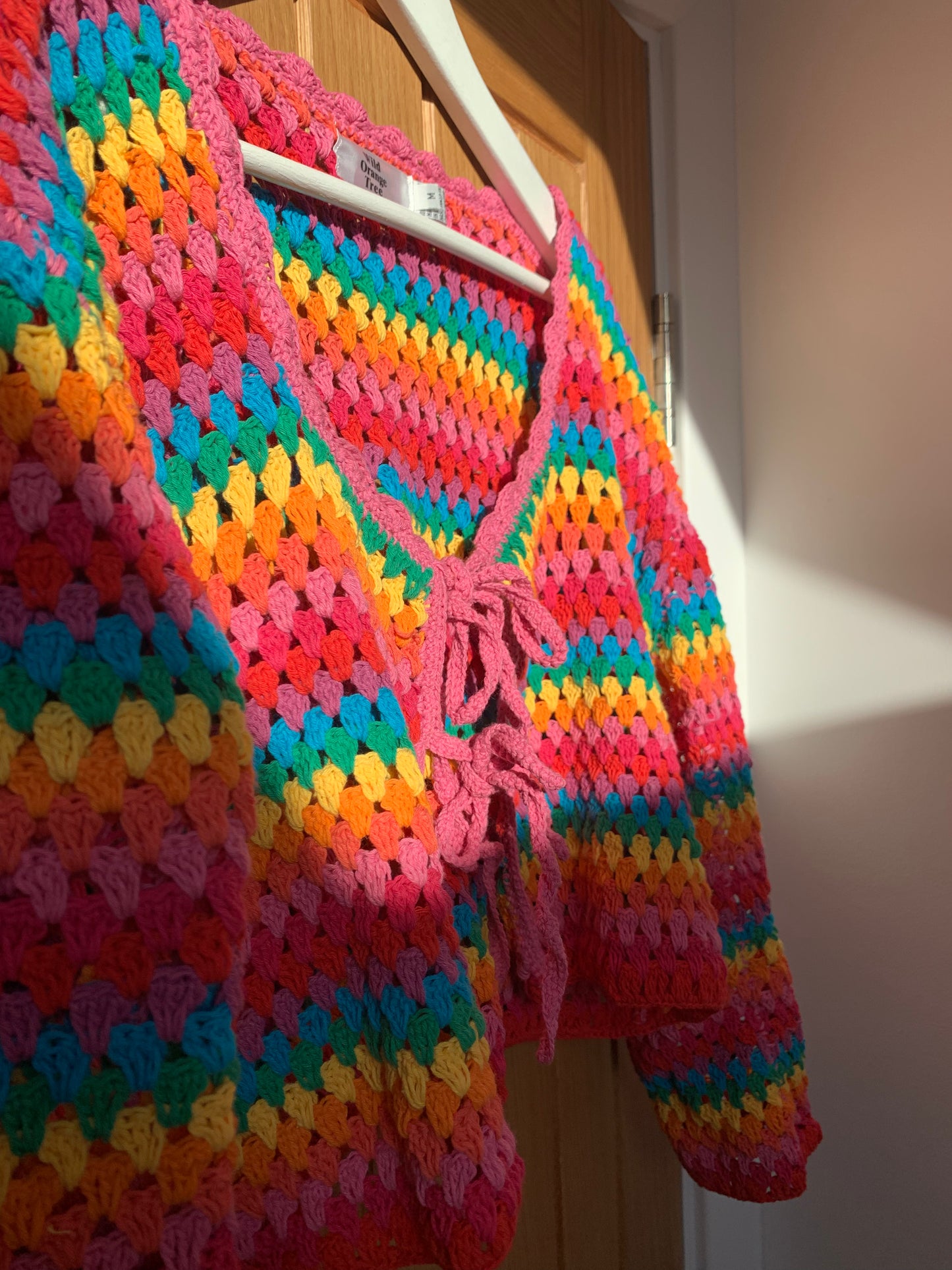 Rainbow Dreamer Crochet Cardigan with tassel tie